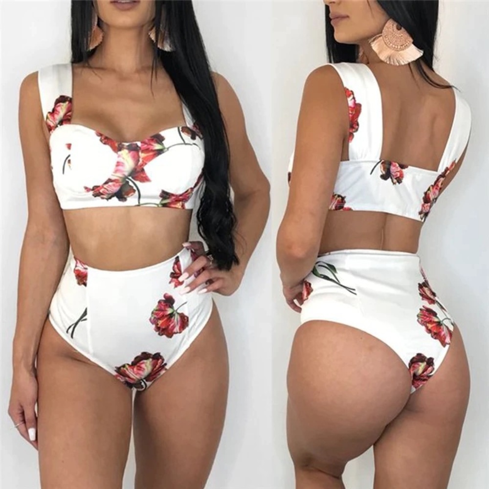 High-Waist Floral White Two-Piece Swimsuit